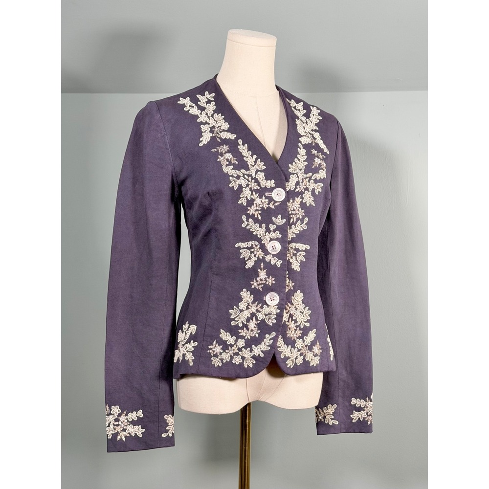 Ralph Lauren Black Label Blazer Beaded Linen Cotton Purple Grey Office Designer